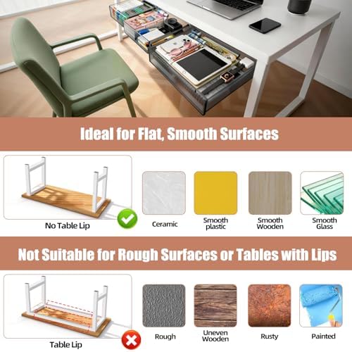 3 Pack Under Desk Drawer Slide Out Storage Organizer, Transparent Black Hidden Desktop Drawer Attachment with 3 Sizes (S/M/L), Adhesive or Screw-Mount Table Tray for iPads, Journals & Desk Accessories