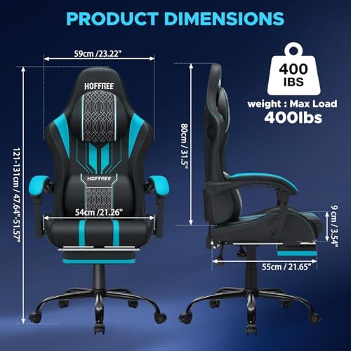 HOFFREE LED Gaming Chair with Bluetooth Speaker RGB Lights Game Chair-Blue