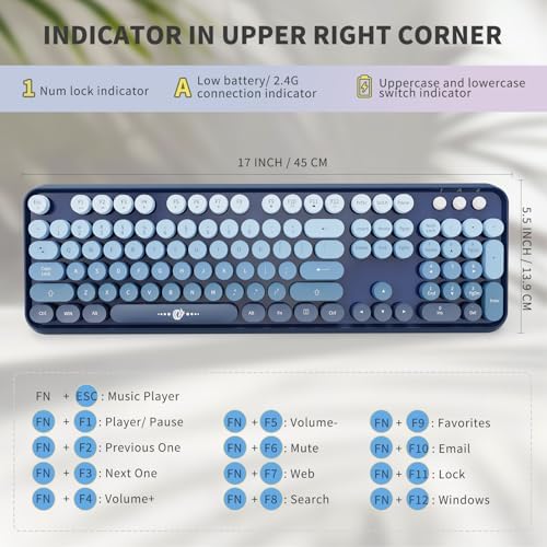 Blue Wireless Keyboard and Mouse Combo,Retro Typewriter Style Bubble Keys