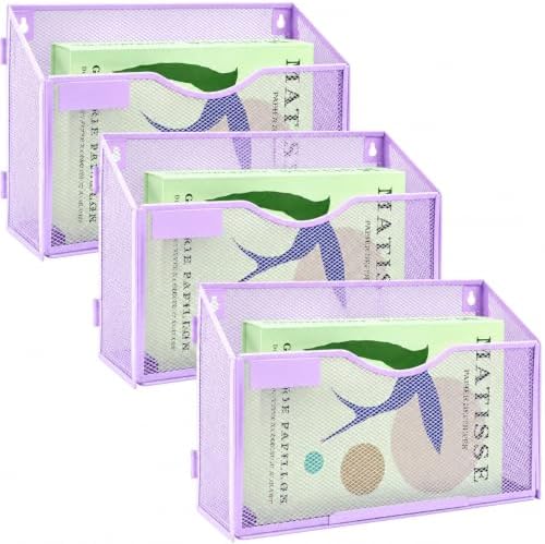 3 Packs 1 Tier A4 Mesh in Tray Hanging Wall File Holder Magazine Document Holder Mail Organiser Magazine Storage Rack,Durable Metal Mesh Filing Storage, Purple
