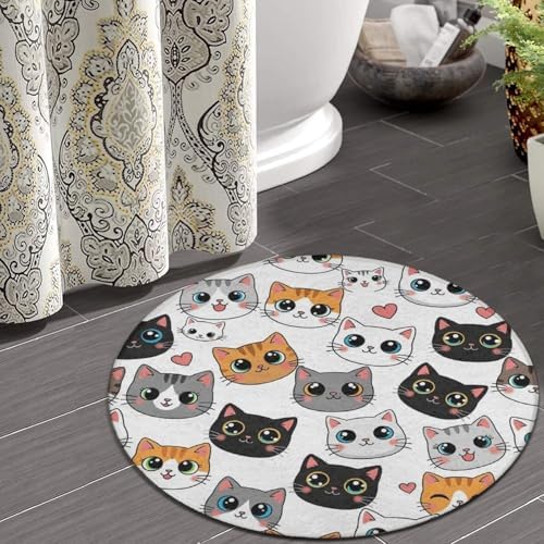 Circular Rugs Large Modern Round Area Rug Fashion Decor Mat for Home Office Cute Cat Kitten Head Cartoon Cats, 24inch