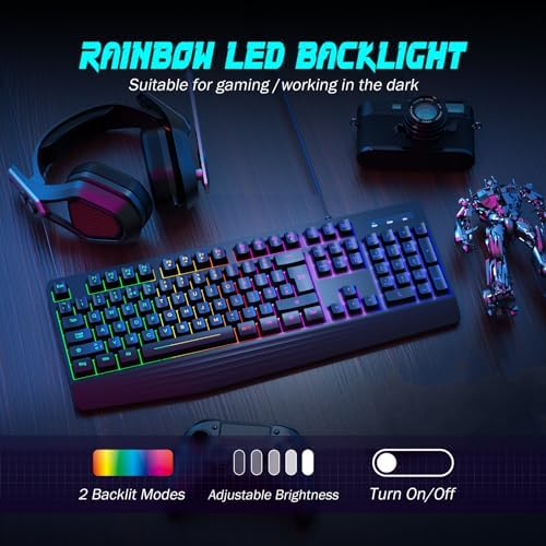 Gaming Keyboard Wired, 7-Color Backlit, 104 Keys Quiet Light Up, Wrist Rest