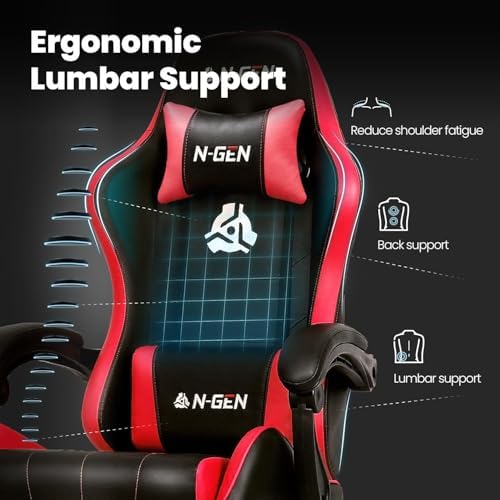 N-GEN GAMING Gaming Chair with Footrest, Lumbar, High-Back, Red Black