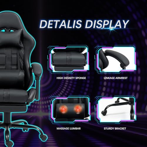 Gaming Chair with Ergonomic Footrest & Massage Lumbar Support, Black