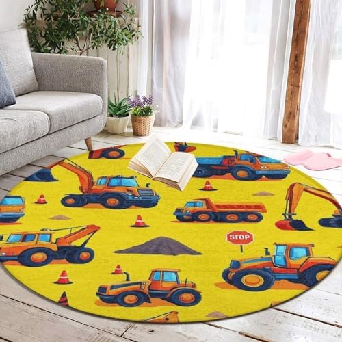 Large Home Decor Mat, Soft Round Yoga Carpet, Non Slip Machine Washable Home Office Circle Rug Cute Yellow Truck Construction