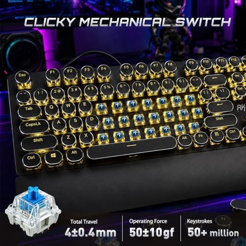 RK ROYAL KLUDGE S108 Typewriter Mechanical Keyboard, Wired Gaming Keyboard with Number Pad, Full Size Retro Keyboards w/Detachable Wrist Rest for Mac/Win/PC, Clicky Blue Switch, Yellow Backlit Black