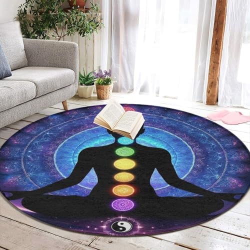 Large Home Decor Mat, Soft Round Yoga Carpet, Non-Slip Machine Washable Home Office Circle Rug Compatible with Nine Chakra Yoga Meditation Lotus Blue Mandala