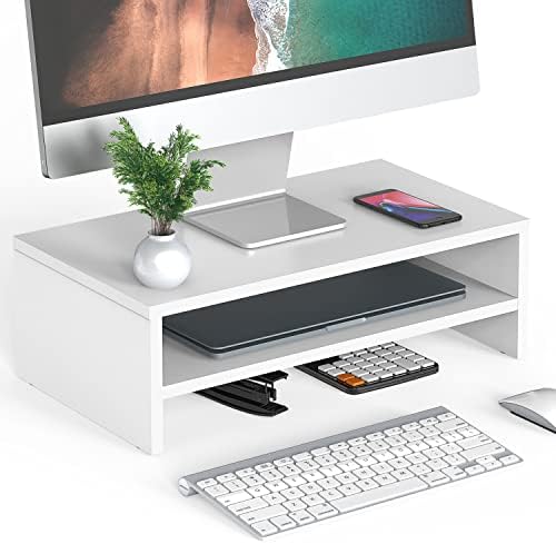 FITUEYES Wooden Monitor Stand Riser, 2-Tier Desk Storage Shelf, White