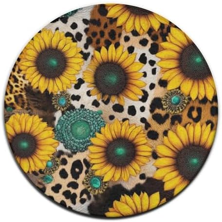 Large Round Area Rug Home Decor Modern Bathroom Rug Kitchen Office Circle Rug for Living Room Sofa Circle Cute Mat Retro Sunflowers Animal Leopard Print Art, 36inch