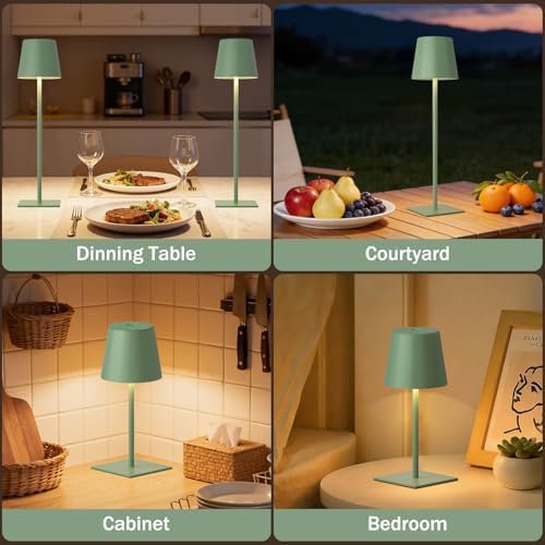 Kakanuo Green Cordless Rechargeable Table Lamp, 2 Pack Portable Desk Lamp with 5000mAh Battery, Touch Control Stepless Dimming, Wireless Night Light for Dining, Outdoor Camping