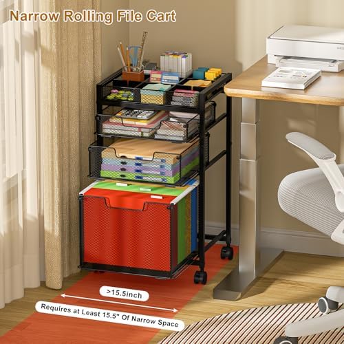 Rolling File Cart with 3 Storage Drawers, Under Desk Filing Cabinet with DIY Divider, Hanging File Folder Organizer on Wheels, Fits A4/Letter Size, Metal Utility Cart for Home Office, Black