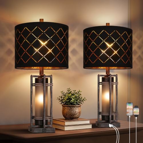 WIHTU 27'' Modern Table Lamp with Nightlight, Metal Bedside Lamps,Black ORB