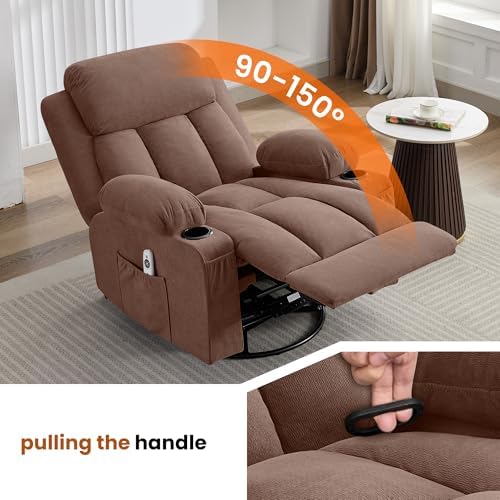 MAHOMICO Swivel Rocker Recliner Chair with Vibration Massage and Heat for Living Room,with Rocking Function and Side Pocket, USB Charge Port,2 Cup Holders