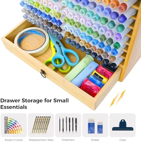 Marker Organizer, Bamboo Storage Rack With Drawer for Hold 216 Markers