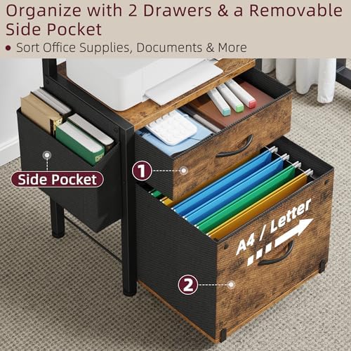 HIGDBFE File Cabinet with 2 Fabric Drawers and Printer Stand, Rustic Brown
