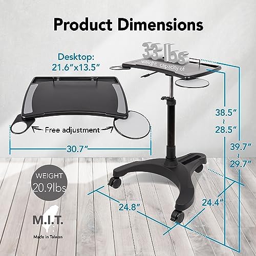 EHO Mobile Laptop Standing Desk Carts on Wheels with Stationery Storage, Pneumatic, Height Adjustable Rolling Stand, Sit to Stand Computer Cart, Workstation for Home, Office, Medical and School