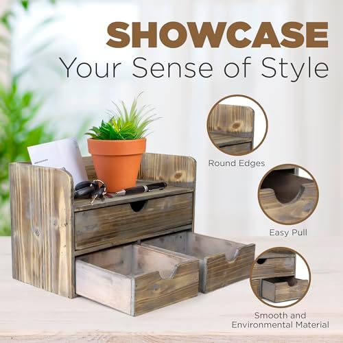 Besti Wooden Office Desk Organizer - Organizing Tool for Desktop, Cubicle, Bedroom, Kitchen - Vintage Style Organization Caddy with Top Tray Shelf & 3 Drawers - 13.6x9x7 Inches (Rustic)