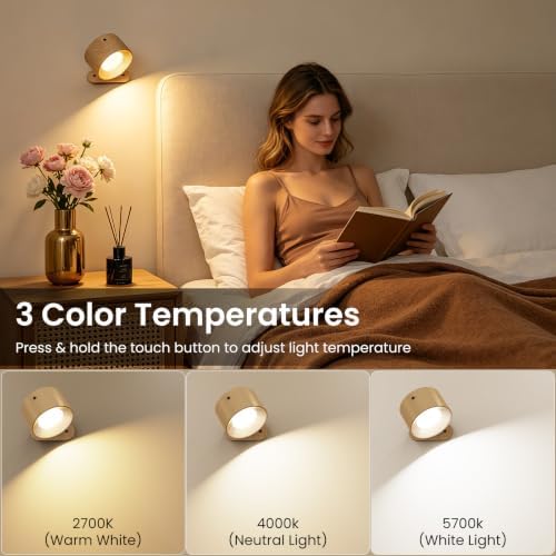 Koopala 3PACK Rechargeable LED Wall Sconce, Cordless Battery with Remote Powered Wall Sconce, 3 Brightness Levels, 360° Swivel Magnetic Shade for Reading Bedside, Wood Grain Color.