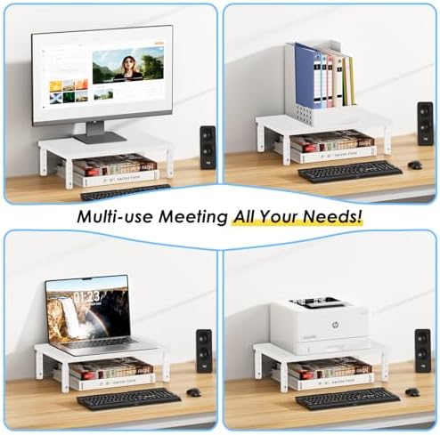 ECOLOVI Adjustable Wood Computer Monitor Stand Riser, Office Desk Organizer and Accessories for Monitor, Laptop, PC, Printer, Office Desk Accessories Workspace Organizer for Home Office Supplies, White