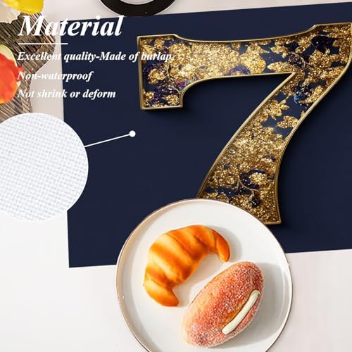 Shrahala Golden Number 7 Placemats, Glittery Golden 7 On Navy Table Mat Linen Burlap Washable Double-Deck Heat Insulation for Dining/Kitchen Table Set of 4 (12 x 18 inch)