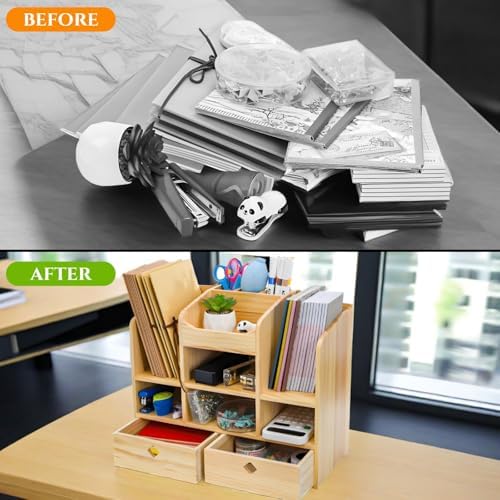 Wooden Desk Organizer with Drawers, 10 Compartments