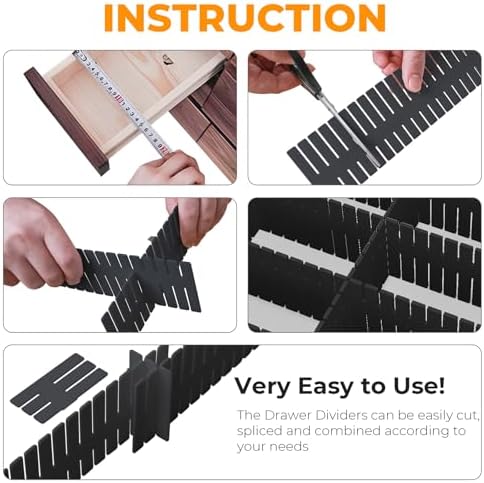 ALBAD Plastic Drawer Dividers Adjustable Drawer Organizer Dividers Separator for Tidying Clutter/Cutlery/Underwear/Socks/Clothes/Dresses/Boxes/Bins in Kitchen Bathroom Bedroom Office (Black, 42)