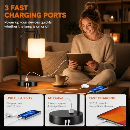 Set of 2 Industrial Touch Control Table Lamps with 2 USB Ports and AC Outlet - 3-Way Dimmable Black Bedside Lamp Nightstand Desk Lamps for Bedroom Living Room, Opal Glass Shade & 2 LED Bulbs Included