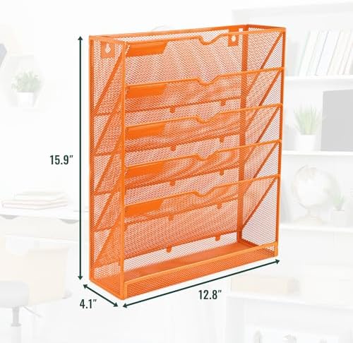 EASEPRES 6 Tier Mesh Hanging Wall File Organizer, Desk Vertical Mail Paper Document Folder Holder Rack with Bottom Tray and Nametag Label for Office Home School, Orange