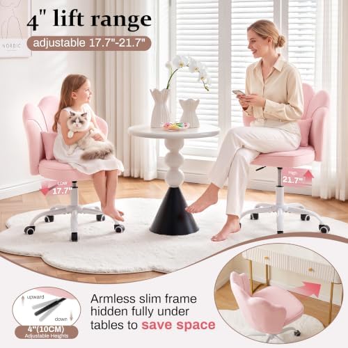 Vanity Chair with Wheels, Swivel Velvet Makeup Desk Chair, Pink