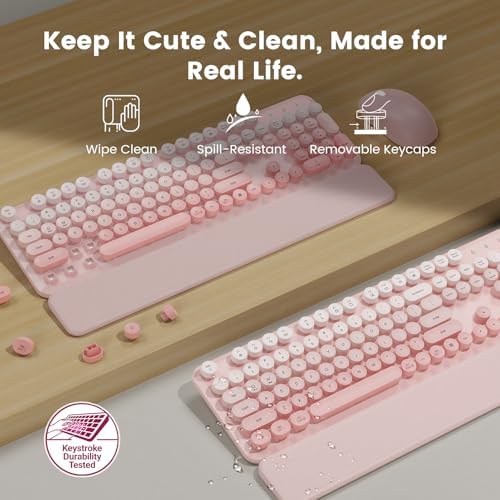Wireless Keyboard and Mouse Combo, Magnetic Soft-Touch Wrist Rest, Pink