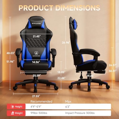 GTPLAYER Gaming Chair, High Back Leather Computer Gaming Chair with Footrest, Ergonomic Height Adjustable Office Chair with Removable Cover and Lumbar Support for Gaming & Work,Blue