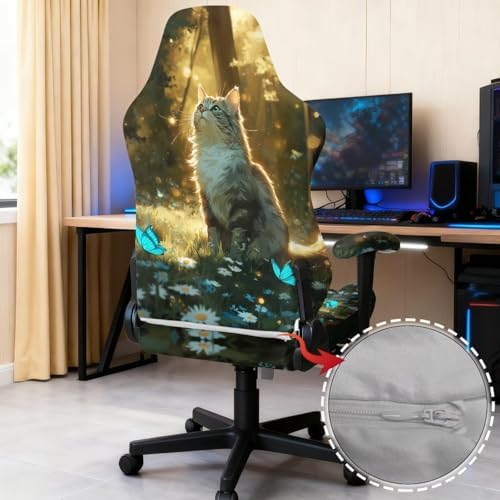 Cat Daisy Butterfly Print Gaming Chair Cover Non Slip Universal Furniture Protector Stretchable Breathable Gamer Chair Slipcover with Armrest Covers