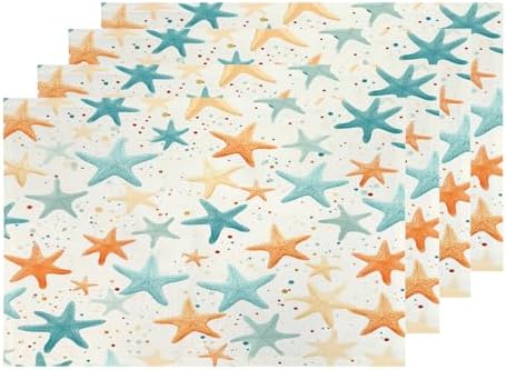 Shrahala Starfish Pattern Set of 4 12 X 18 Inch Linen Placemats, Sea Themed Illustration Burlap Table Mat Washable Double Layered Heat Insulation for Indoor/Outdoor