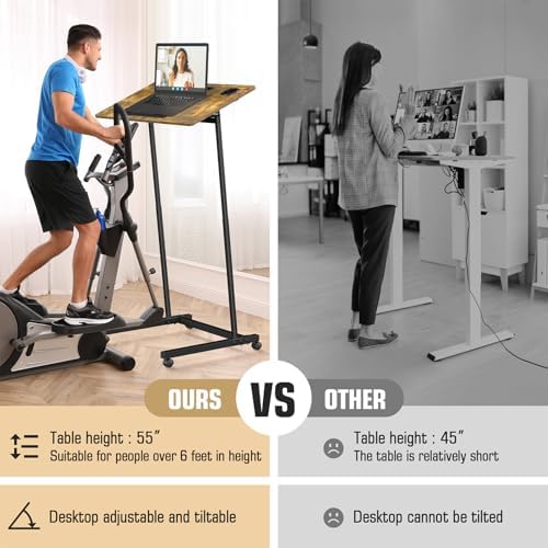 Eocnrhe Treadmill Desk, Mobile Small Standing Desk with Wheels for Walking Pad, Portable Table for Laptop, Rolling Table Adjustable Height, Bedside Table，Brown