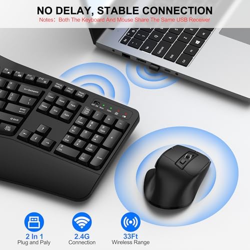 Wireless Keyboard and Mouse Combo, 2.4G Ergonomic Wave Keys(Black)