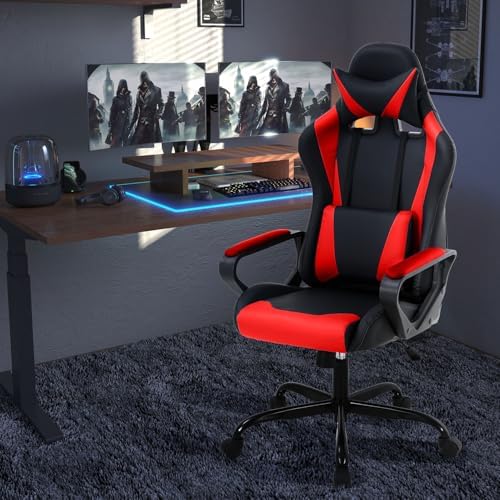 Red Gaming Chair PC Office Chair, High Back Computer Chair Gaming Chairs for Adults, Ergonomic Desk Chair Office Gaming Chair with Wheels, Reclining Gamer Chair, Adjustable Headrest Lumbar Support