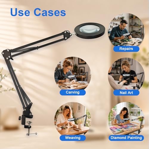 10X Magnifying Lamp with Light and Clamp, 6.3-Inch Real Glass Lens
