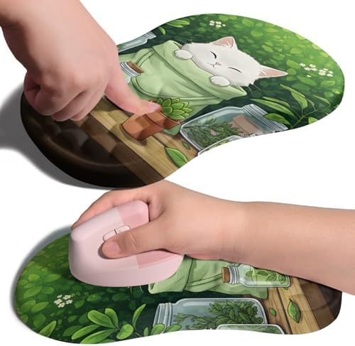 Ergonomic Joint Wrist Support Mouse Pad with Memory Foam Cushion Massage Bump, Carpal Tunnel Pain Relief Mousepad Slope Design for Wrist Rest, 11.8x7.9 in, Cute Kitten