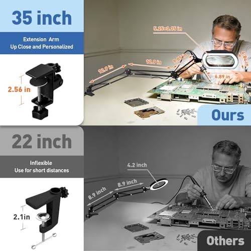 HITTI 30X & 12X Square Ultra Long Magnifying Glass with Light and Clamp