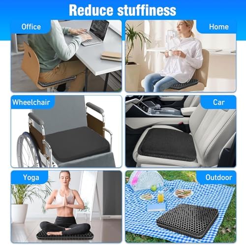 Gel Seat Cushion for Long Sitting Hip Pain, 20x20inch Jumbo Thick Soft & Breathable Cushion for Wheelchair Gel Seat Cushion for Office Home Chairs (Black)
