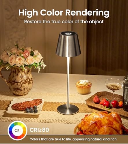 3 Pack Cordless Table Lamp, Portable Battery Operated Lamp with 3 Color Temps and Stepless Dimming, Rechargeable Table Lamp for Dinner, Desk, Cafe, Outdoor (Brushed Silver)