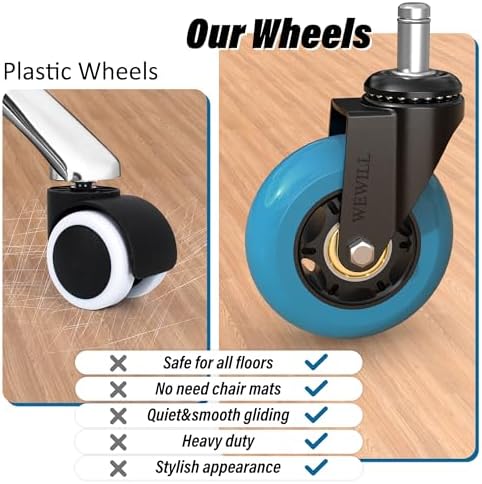 WEWILL Office Chair Wheels - Rubber Casters Replacement Universal Fit 98% Chair(Set of 5) Heavy Duty 3 Inch Smoothly & Quietly Safe for All Floor, Hardwood, Tile, Carpet, Noise Free - Navy