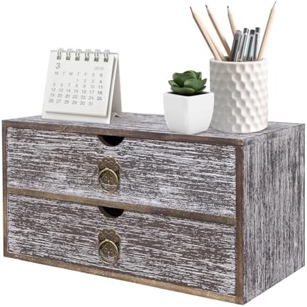 Wood Desk Organizer, Washed Brown Wooden Desktop Organizer with Drawer, Tabletop Storage Organization Box for Countertop, Home Office Supplies, Bills, 13.3 x 6.5 x 7 Inches(2 Drawer)
