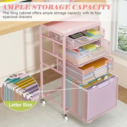 Sbanmao 4 Drawer Rolling File Cart Under Desk Storage, File Cabinets for Home Office, Mobile Filing Cabinet, Hanging File Organizer with Wheels, Utility Cart Printer Stand, Pink