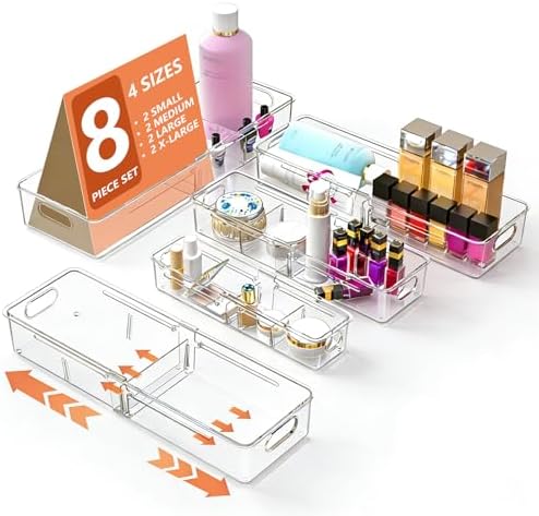REBECAT 4-Size Expandable Drawer Organizer 8 Pack Plastic Storage Bins