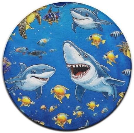 Room Sofa Yoga Soft Round Carpet, Home Decor Non Slip Kitchen Office Circle Rug, Machine Washable Modern Round Area Rug Ocean Sea Shark Fish, 24inch
