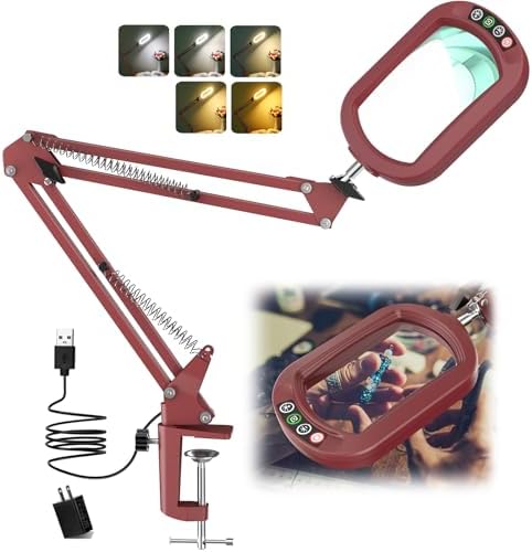 IVMAIE 12X Rectangle Magnifying Glass with Light, 5 Color Modes Stepless Dimmable Magnifier with Stand, LED Lighted Clamp Desk Lamp with Swing Arm, Hands Free for Reading Painting Close Work - Red