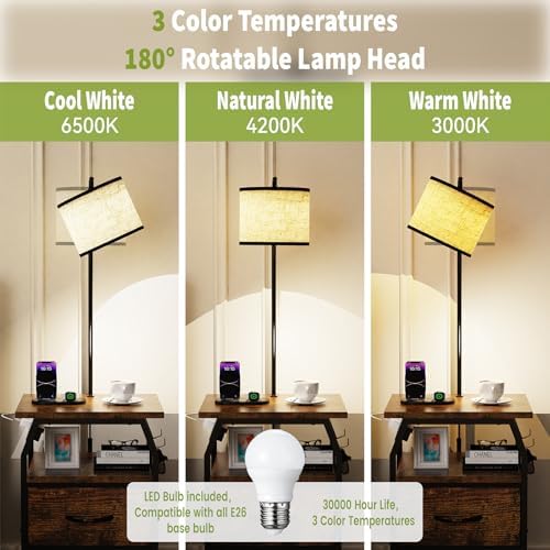 runjuly Floor Lamp with Table, End Table with Light and Charging, Rustic