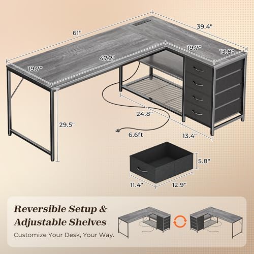 PRAISUN 61" L Shaped Desk with Power Outlets & 4 Drawers