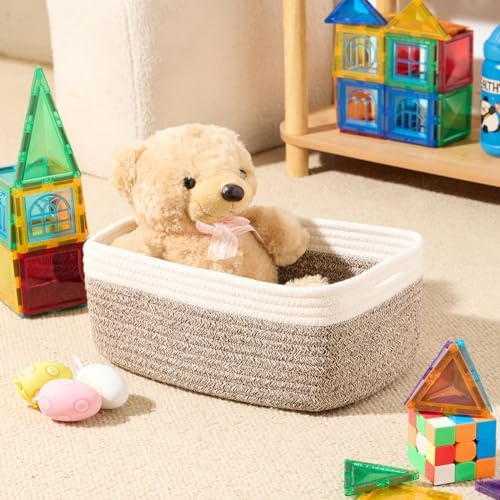 MiniArk Small Storage Baskets for Organizing | Closet Organizer Bins | Shelf Toy Basket | Woven Rope Baskets | Cube Decorative Box | Shallow Basket | 13x8.5x5.1” | 4 Packs White Brown